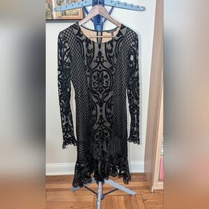 BCBG Black Lace Velvet-Pattern Long Sleeve Dress
